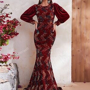 Long Puff Sleeve Long Mermaid Dress